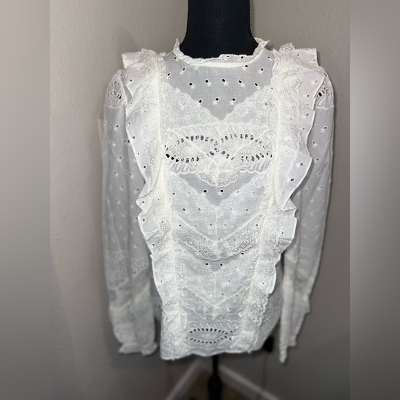 Needle & Thread White Women’s Lace Ruffle Long Sleeve Cottagecore Blouse- Size 4